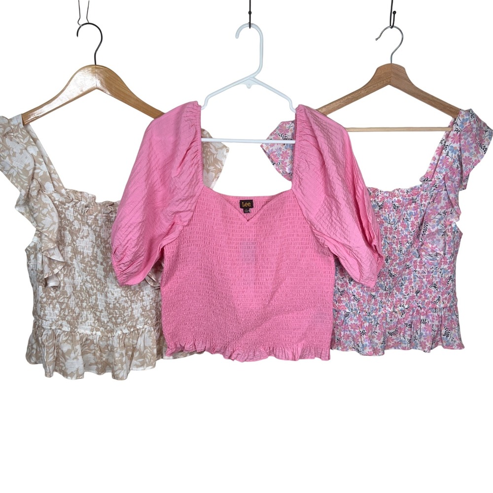 Set of 3 Lee Women Smocked Peplum Tops Puff Sleeve‎ Pink Floral Print Plus Size